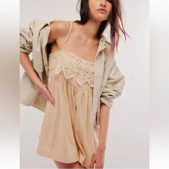 NWOT FREE PEOPLE Collina Striped Romper Tan